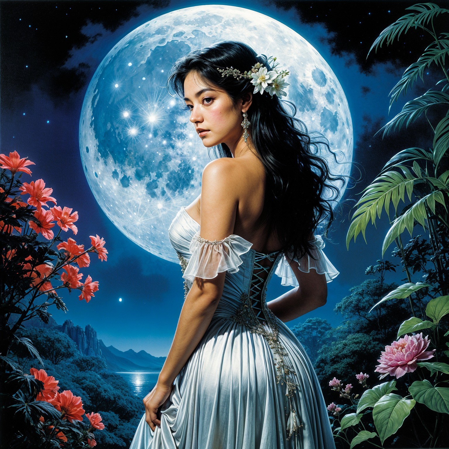 Young woman in silver gown with moonlit backdrop
