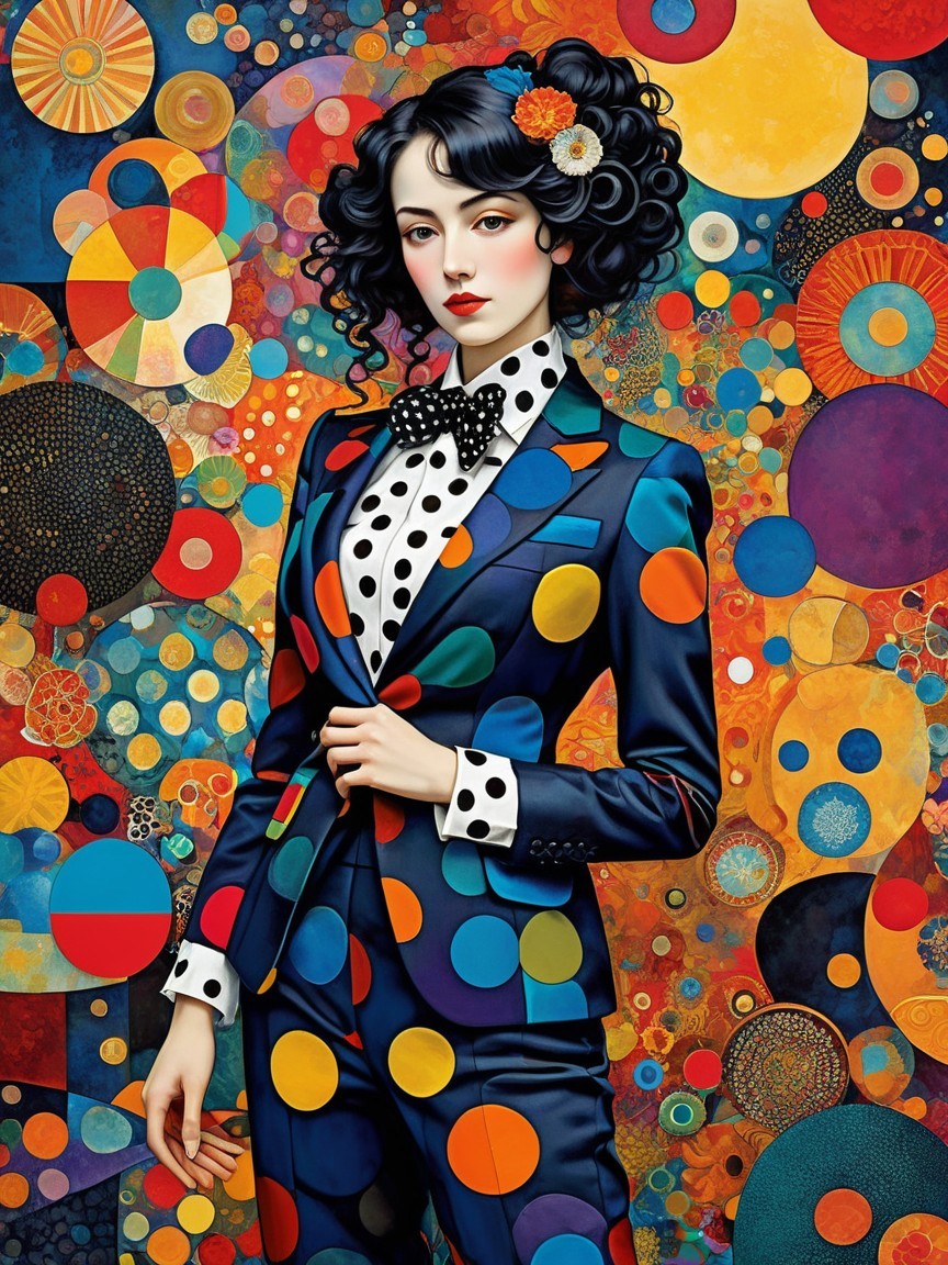 Stylish Figure in Polka-Dotted Suit Against Abstract Background