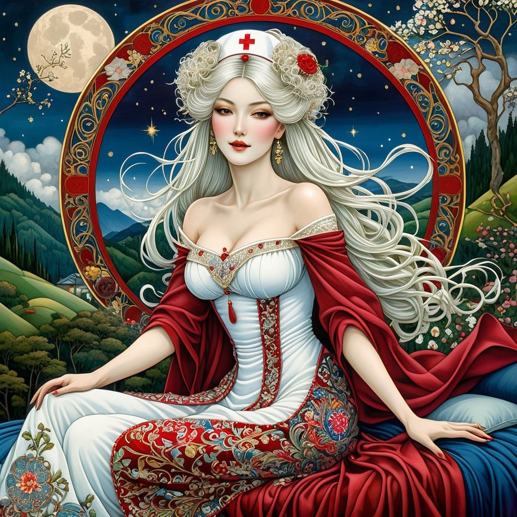 Woman in Floral Gown Under Full Moon Landscape