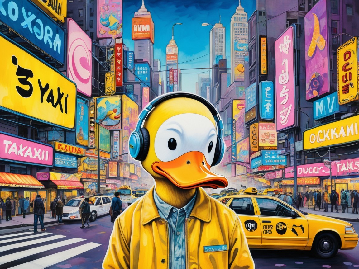 Cartoon Duck in Vibrant Urban Scene with Neon Signs