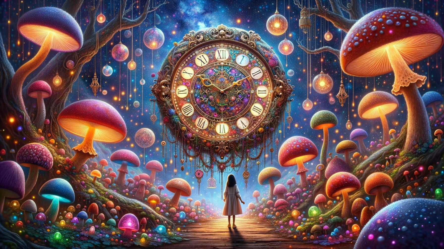 Girl in White Dress by Intricate Clock in Fantasy Landscape