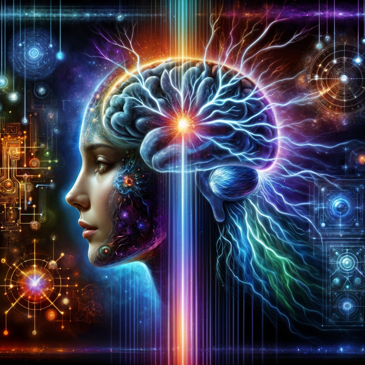 Profile of a Woman's Head Merging with a Vibrant Brain