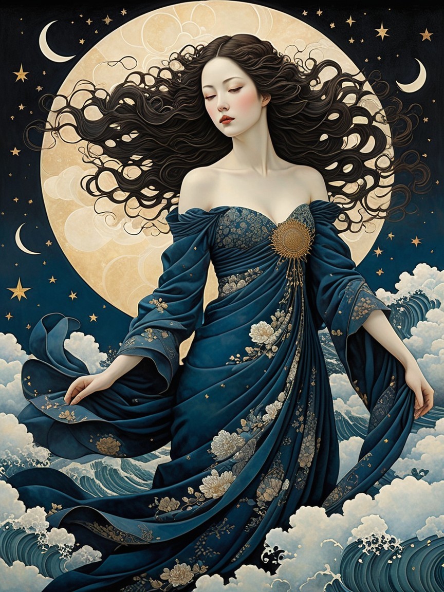 Graceful Figure in Blue Gown Under Moonlit Sky