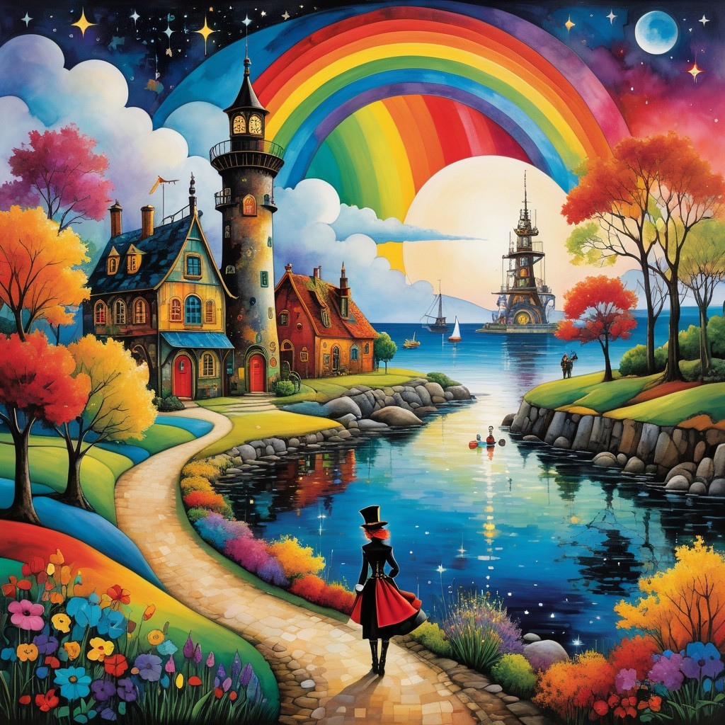 Whimsical Landscape with River and Colorful Cottages