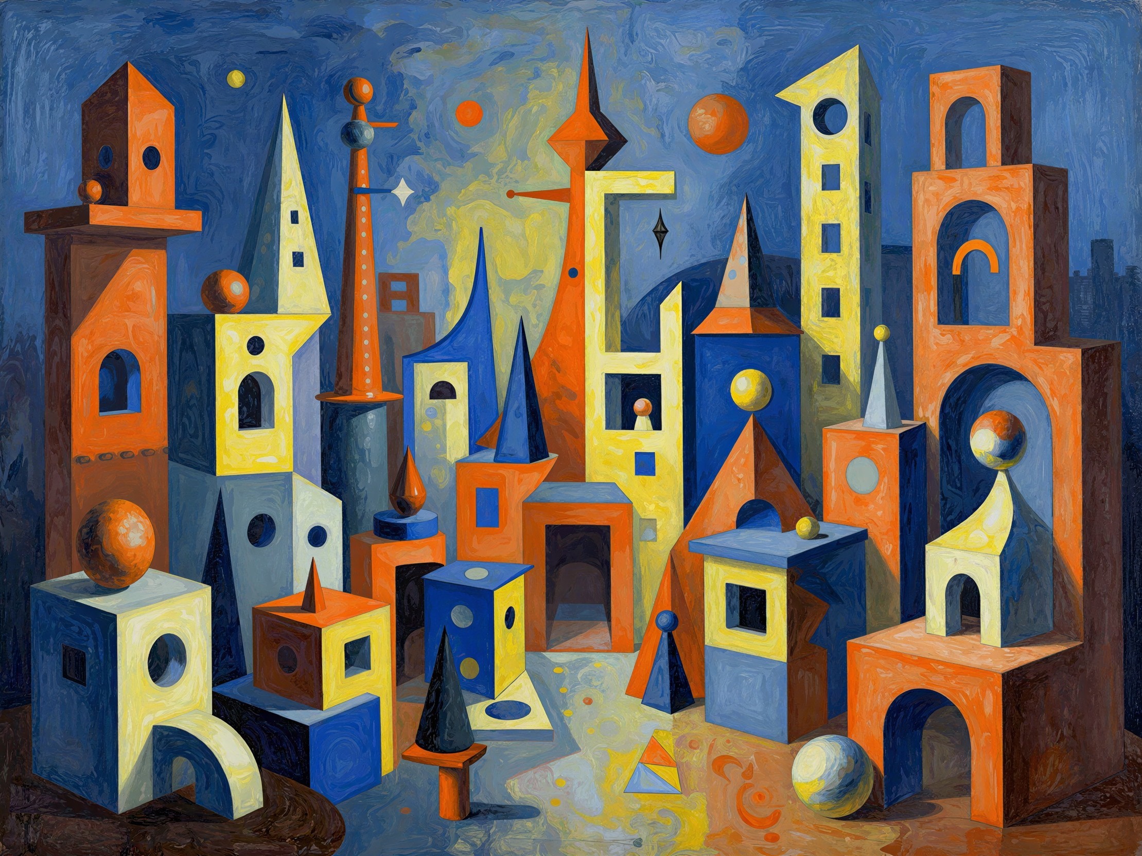 Surreal Cubist Painting of a Whimsical Cityscape