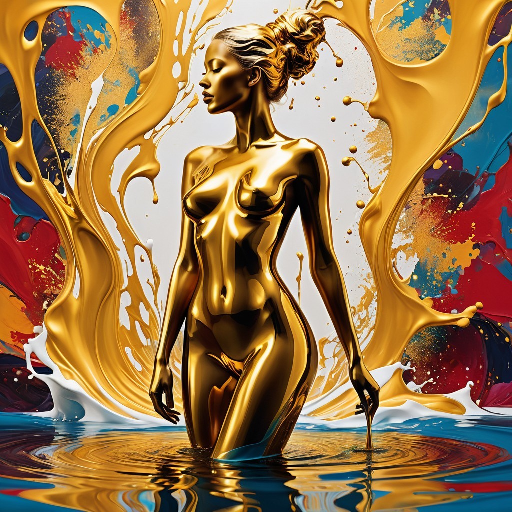 Woman in gold among vibrant abstract paint splash
