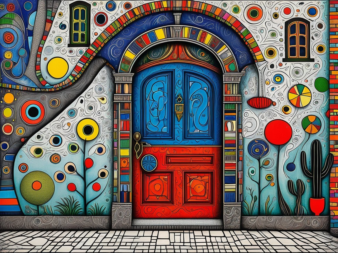 Vibrant Door Surrounded by Colorful Patterns and Shapes