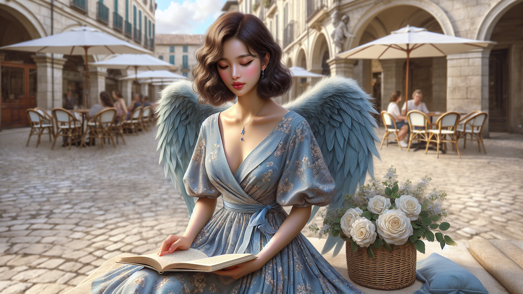 Serene Woman with Angel Wings in Cobblestone Plaza