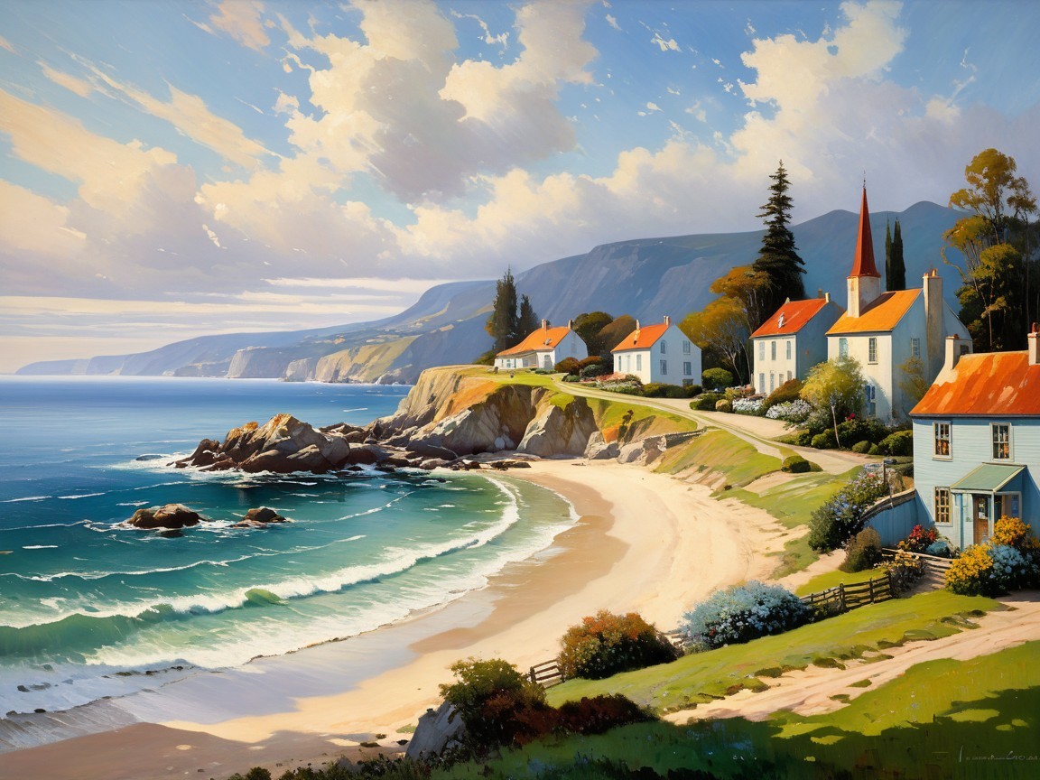 Serene Coastal Landscape with Colorful Cottages and Mountains