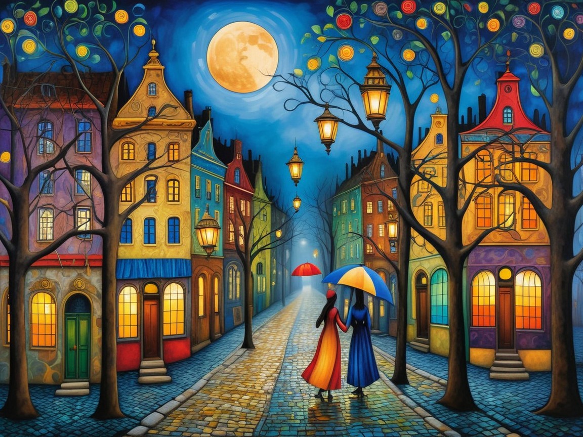 Moonlit Street Scene with Colorful Houses and Figures