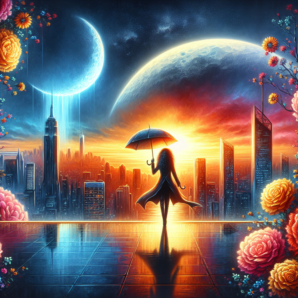 Silhouetted Figure with Umbrella Against Sunset Skyline