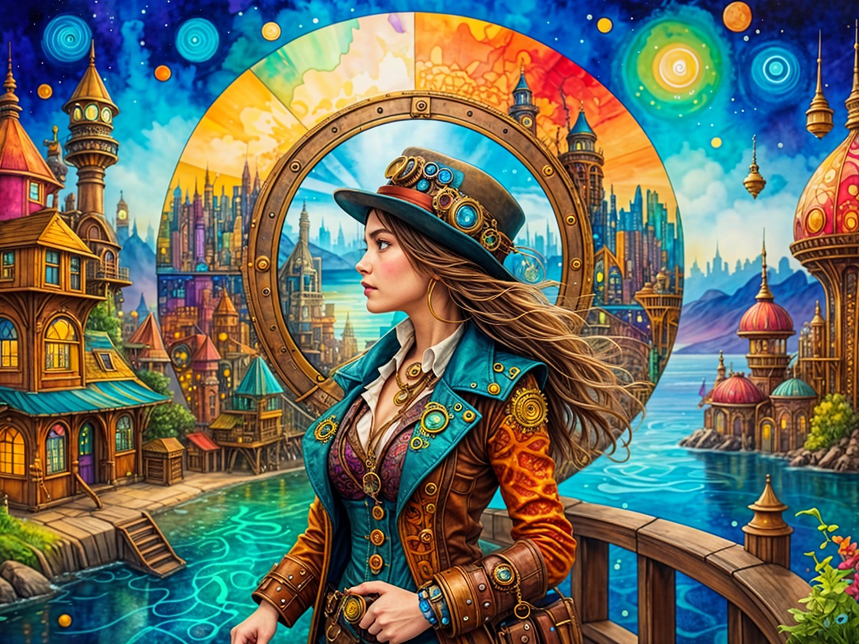 Steampunk Woman Against Vibrant Cityscape Background