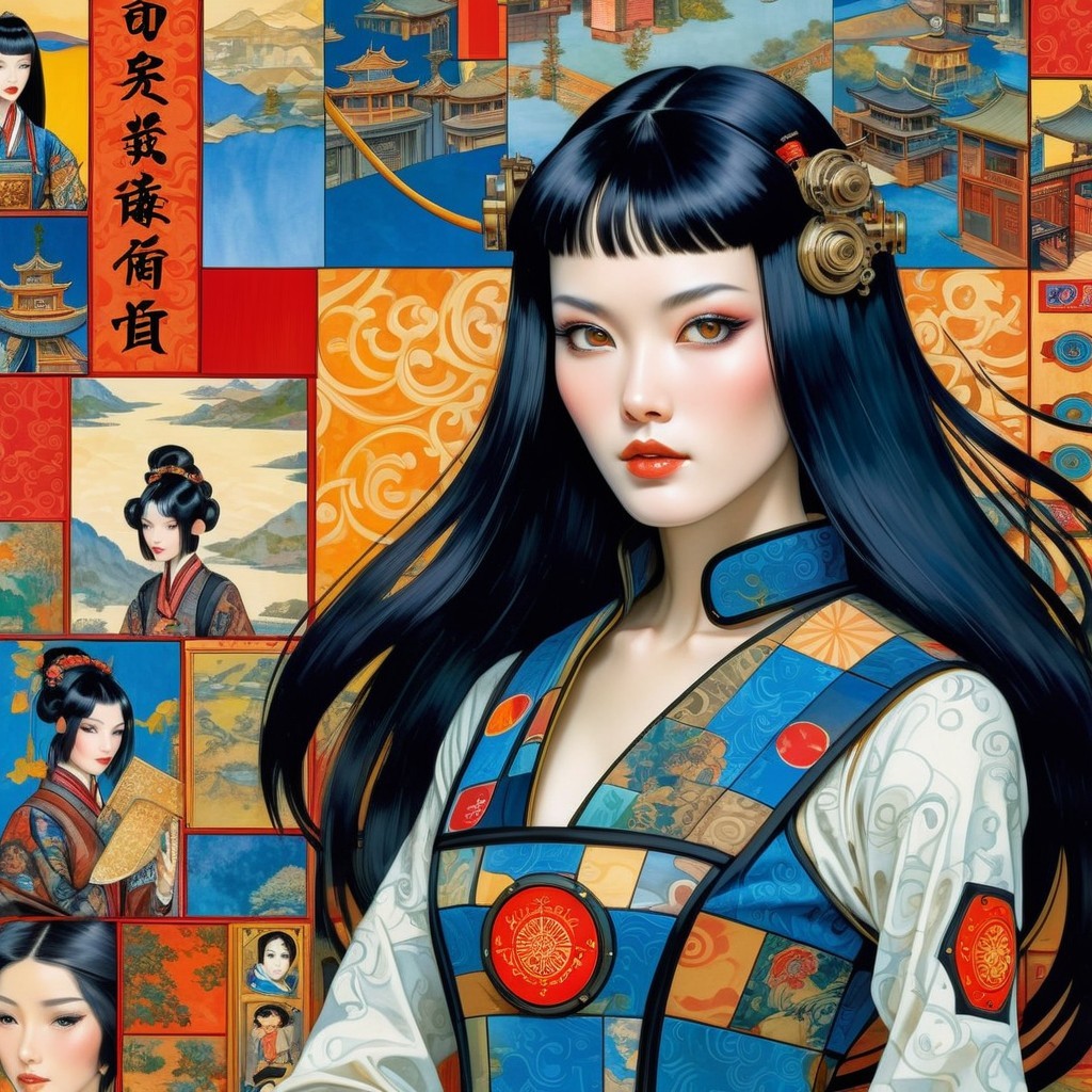 Elegant Woman in Colorful Traditional Outfit with Tapestry