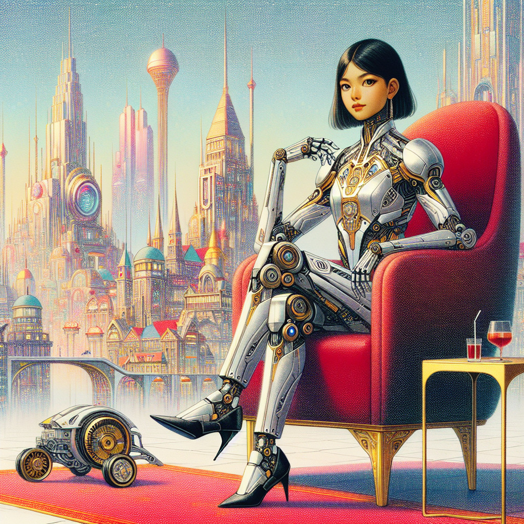 Futuristic Cityscape with Humanoid Robot and Skyscrapers