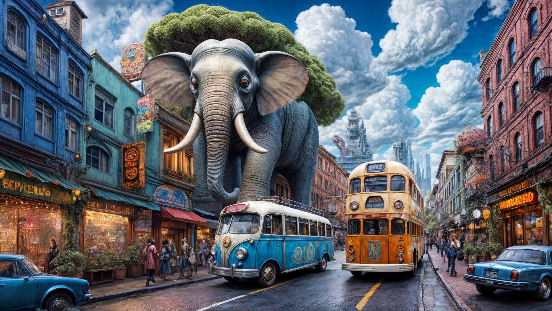 Elephant with Tree on City Street Amid Vintage Buses