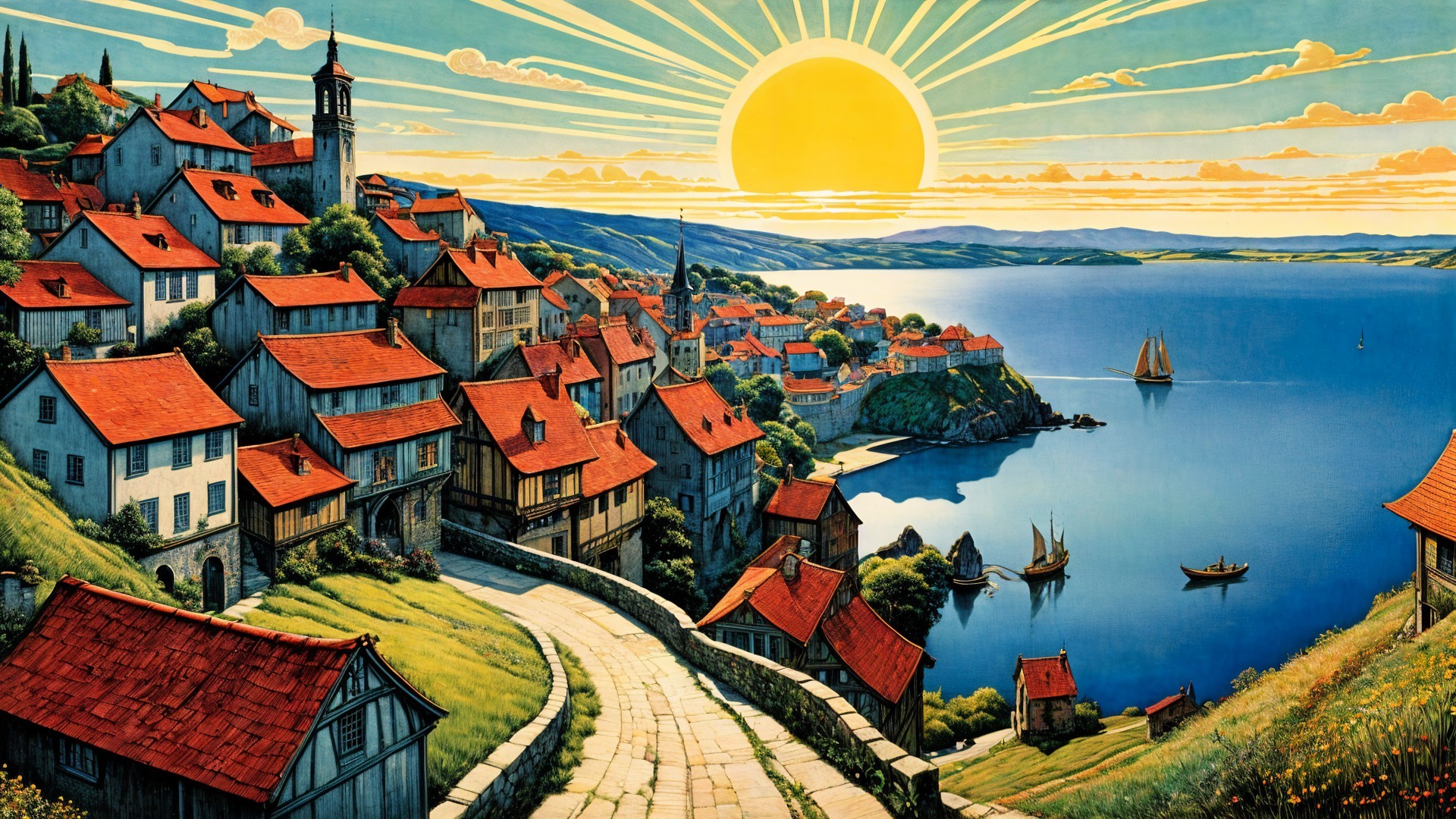 Coastal Village at Sunrise with Vibrant Homes and Bay