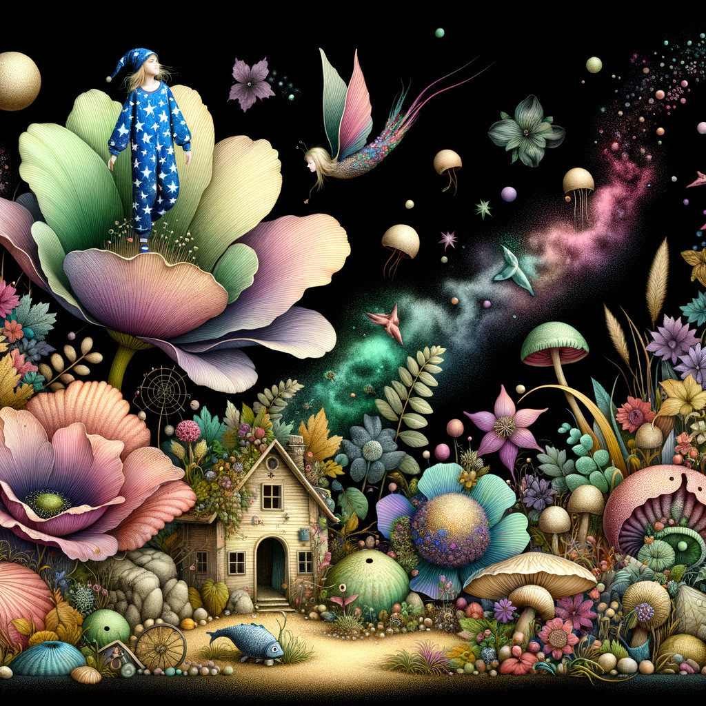 Whimsical Garden with Giant Flowers and Colorful Elements