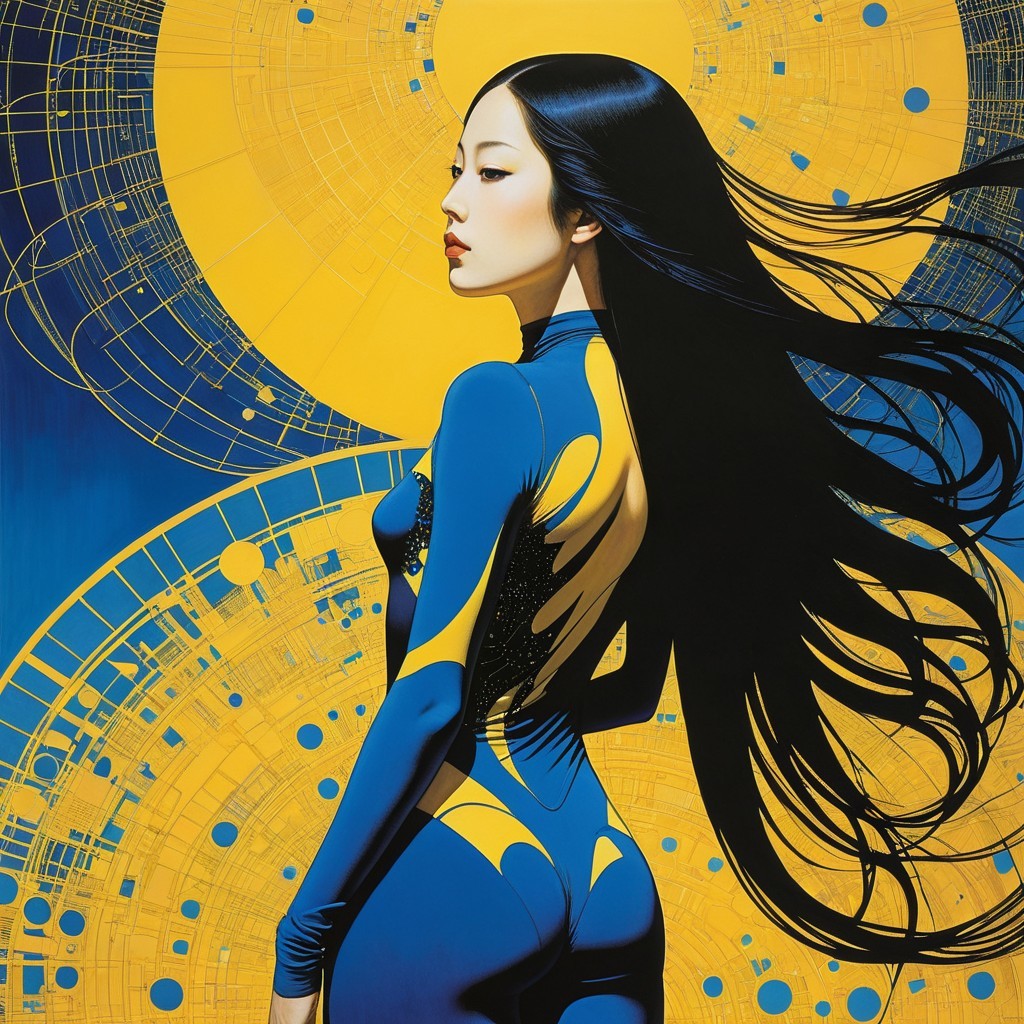 Portrait of a Woman with Flowing Hair and Geometric Patterns