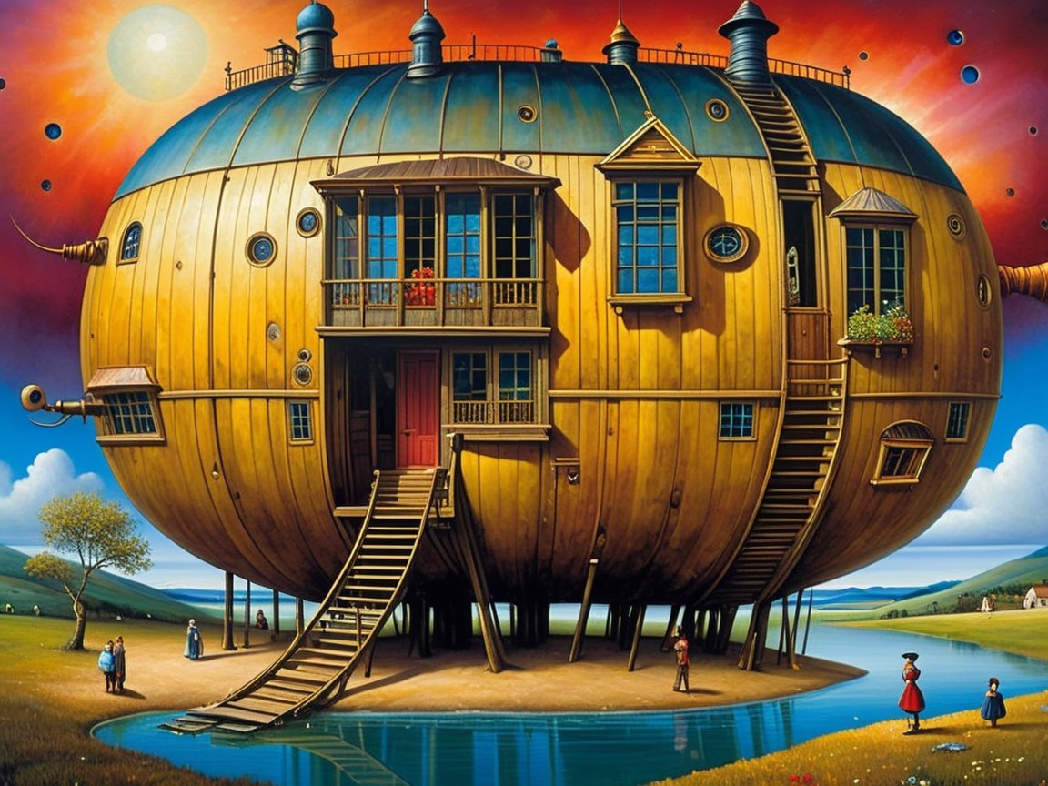 Oversized Wooden Pumpkin House in a Surreal Landscape