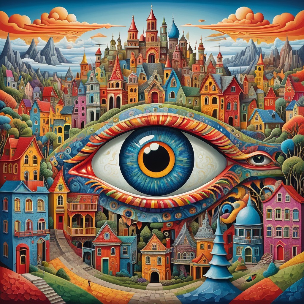 Surreal Landscape with Central Eye and Whimsical City