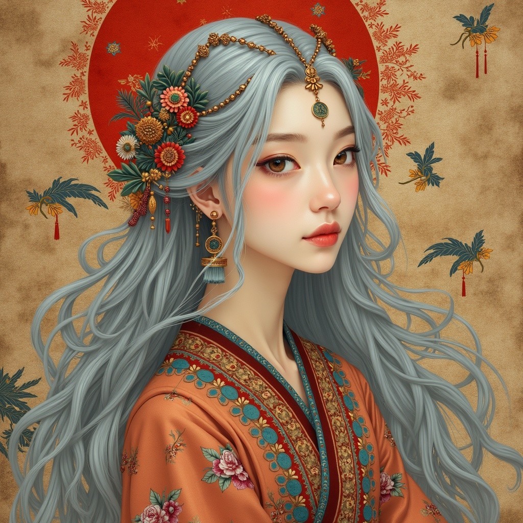 Young woman with silver-blue hair in floral attire