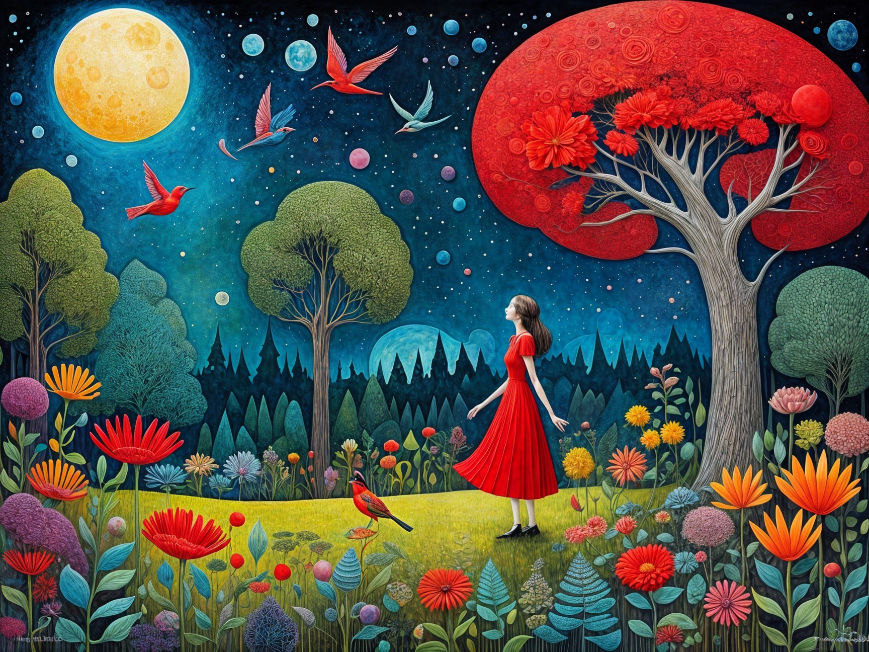Whimsical Landscape with Girl in Red Dress and Moon