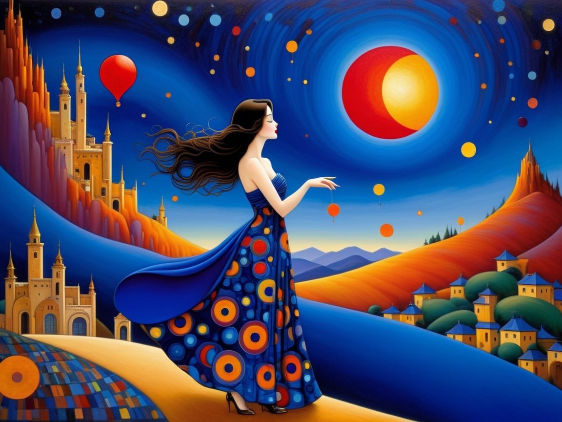 Surreal Landscape with Woman in Colorful Dress