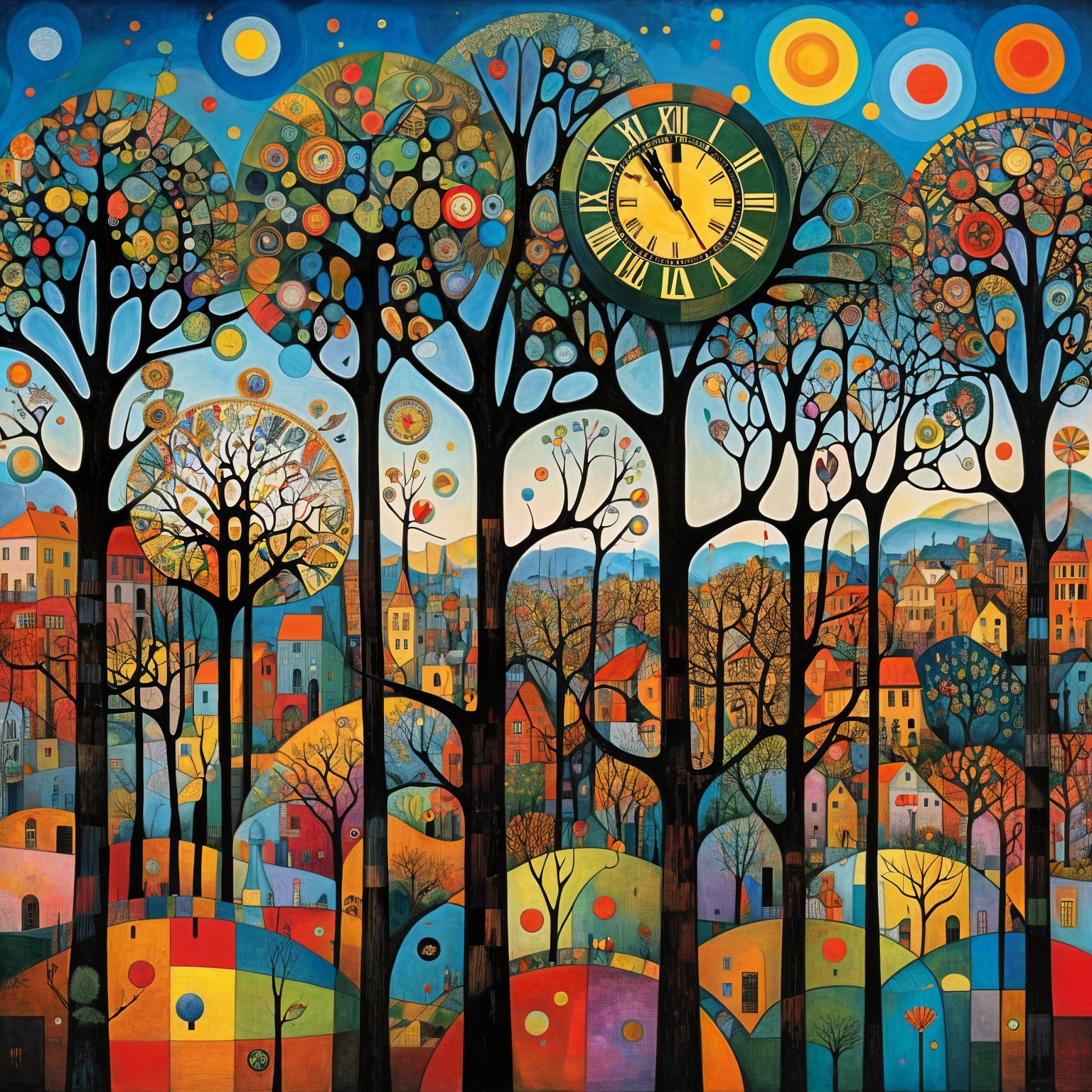 Vibrant Landscape with Colorful Trees and Abstract Houses
