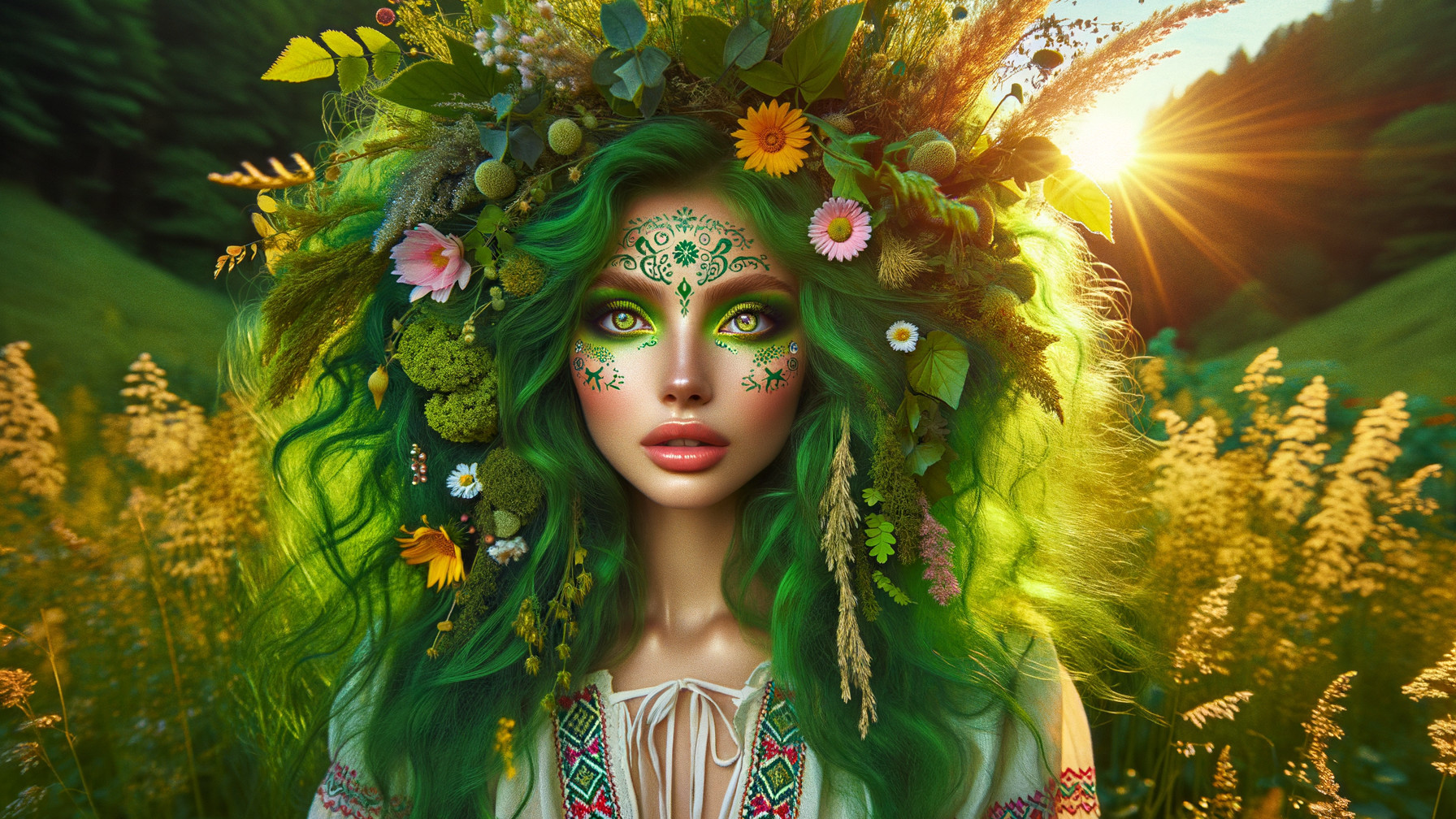 Young woman with green hair in sunlit meadow