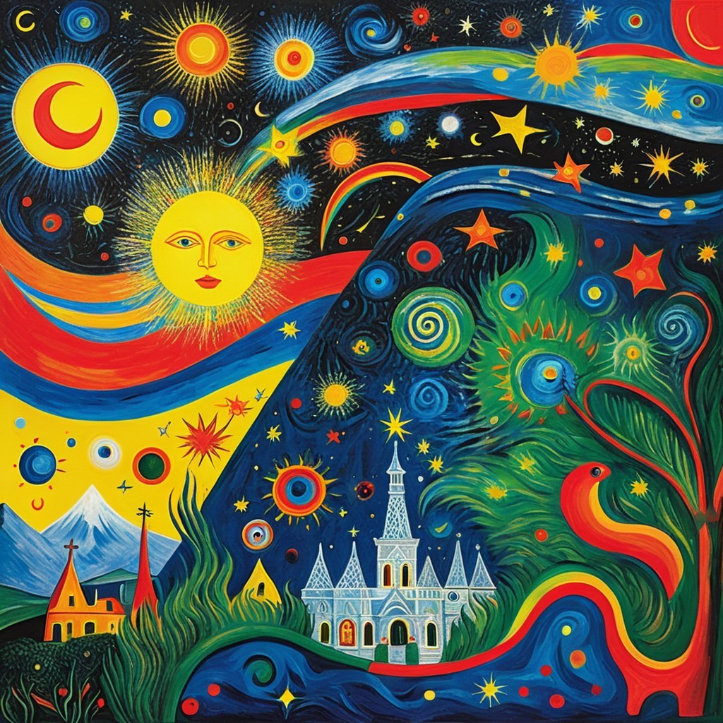 Cosmic Artwork Featuring Sun, Moon, and Fantasy Landscape