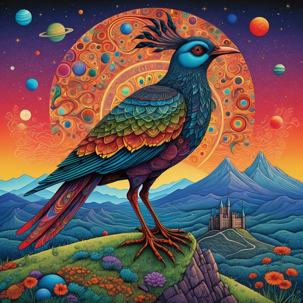 Vibrant Peacock on Cliff with Cosmic Landscape