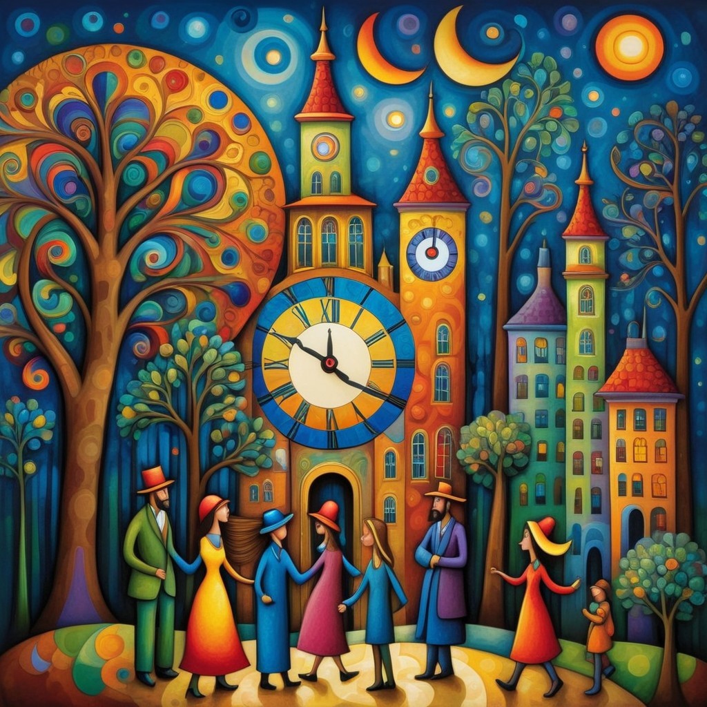 Colorful Town Square Scene with Whimsical Elements