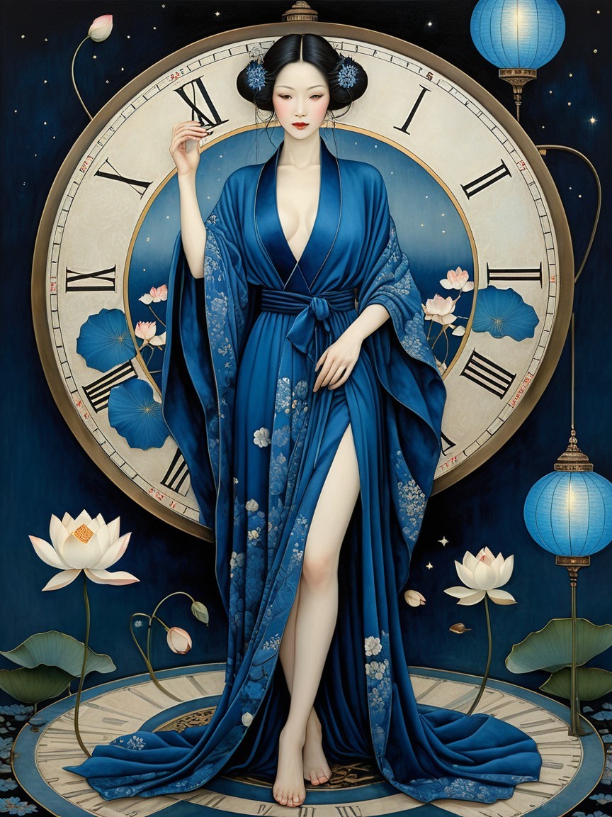 Elegant figure in blue kimono by a large clock