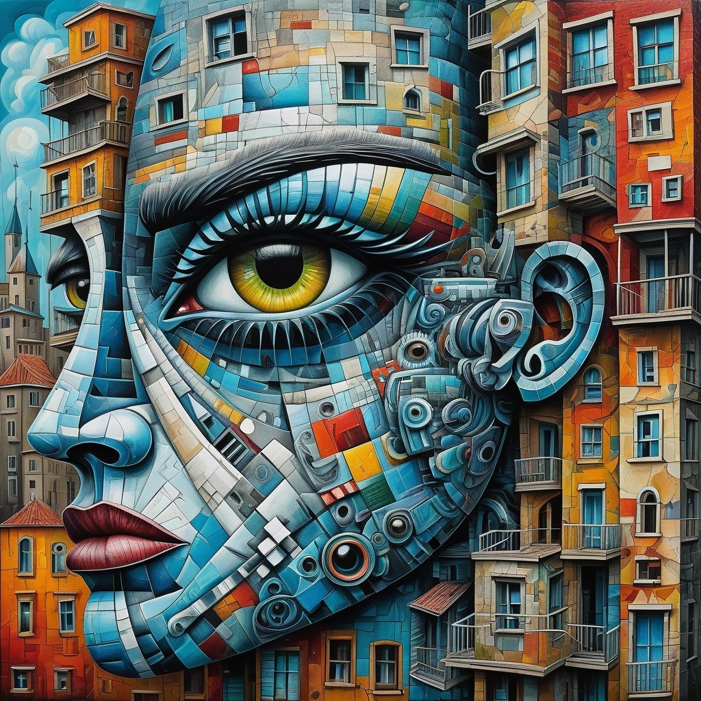 Mural of Human Features and Architectural Elements
