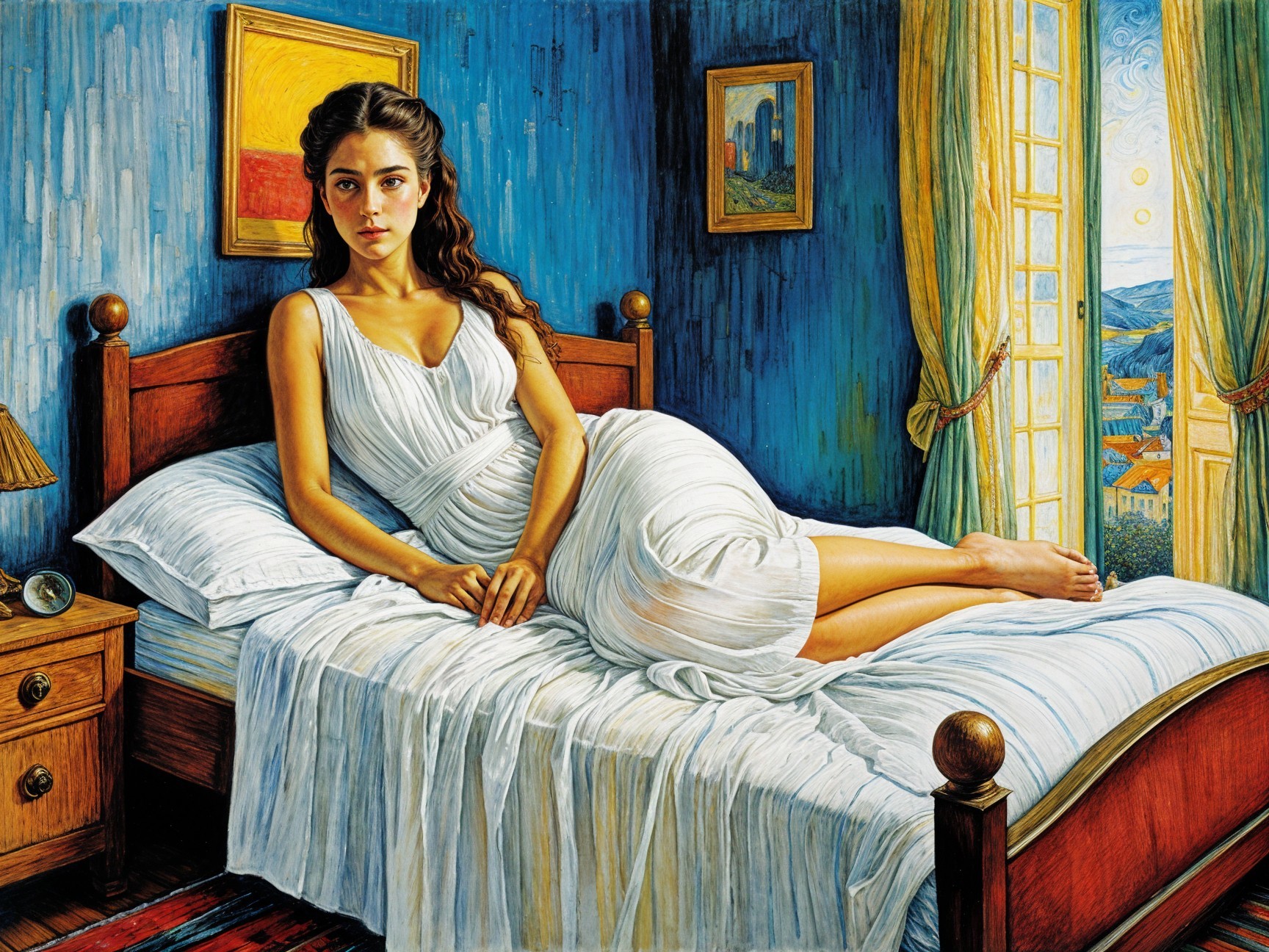 Young Woman in White Dress by a Window in a Room