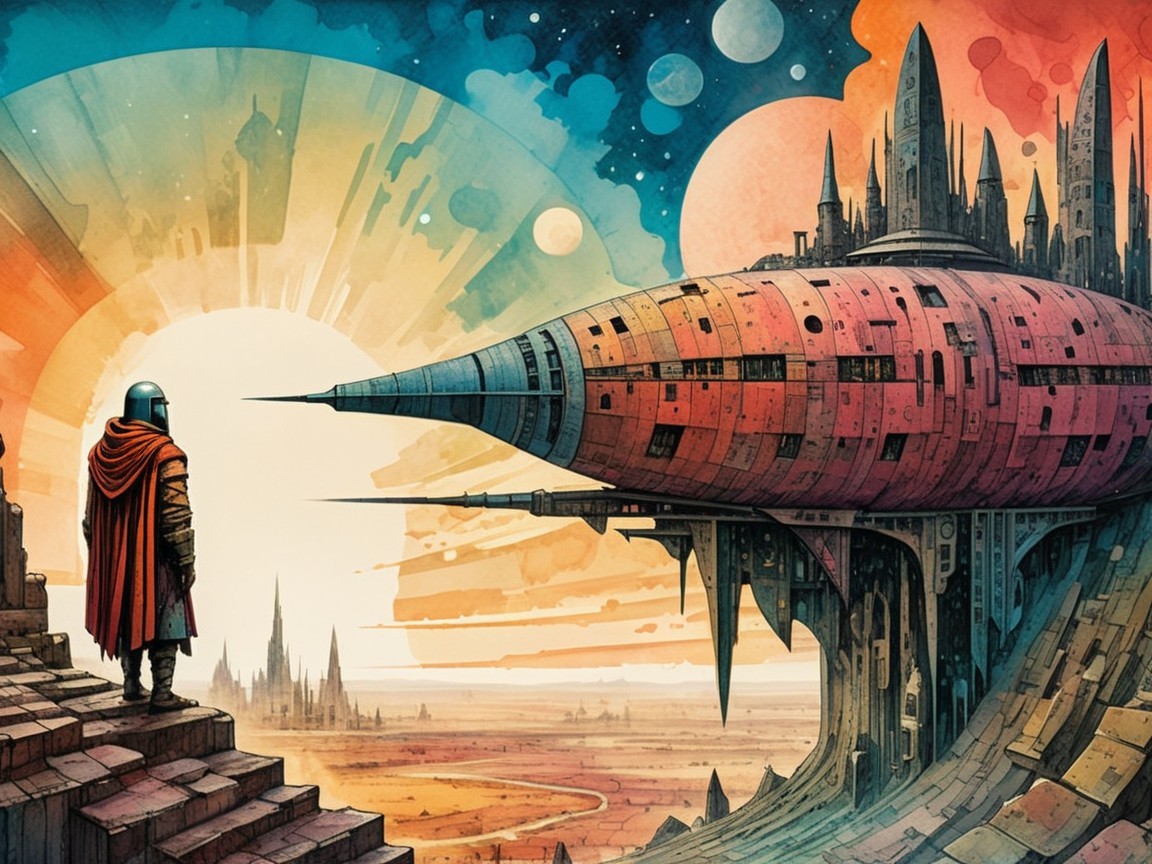 Lone Figure Overlooks Futuristic Spacecraft at Precipice