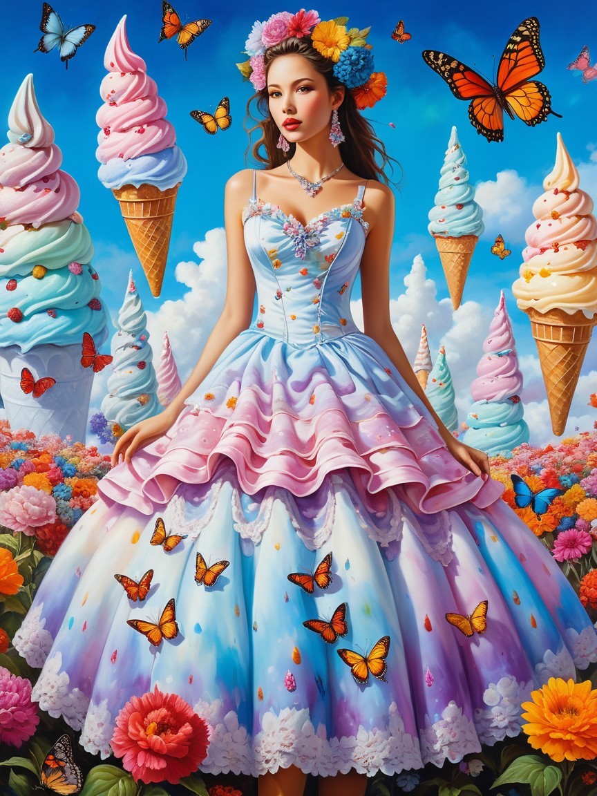 Whimsical Scene of a Woman in Colorful Dress with Butterflies
