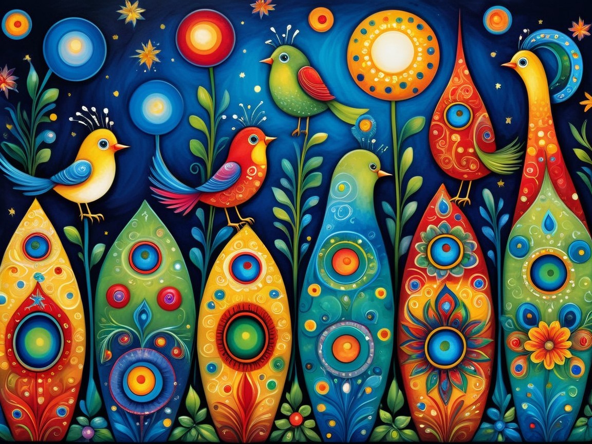 Whimsical Scene of Colorful Birds and Flowers