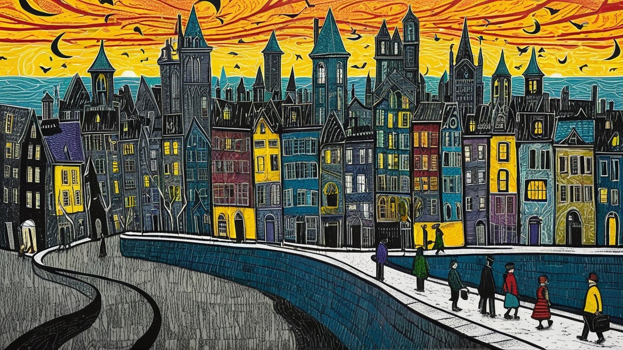 Vibrant cityscape at sunset with whimsical architecture