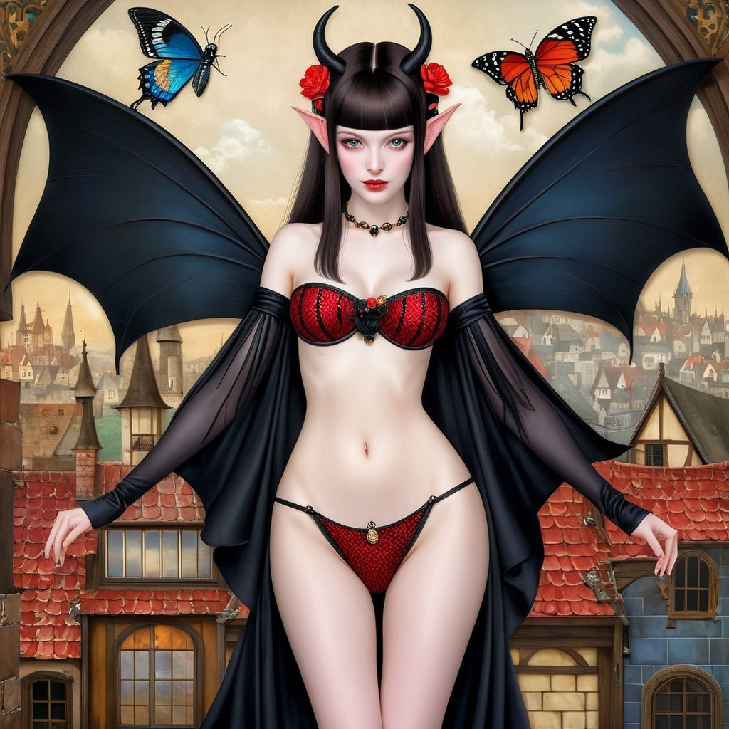 Elf-like demoness with striking features in village setting