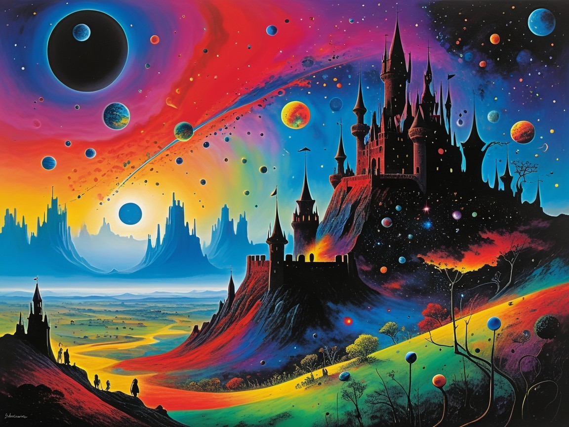 Vibrant Cosmic Landscape with Majestic Castle and Stars