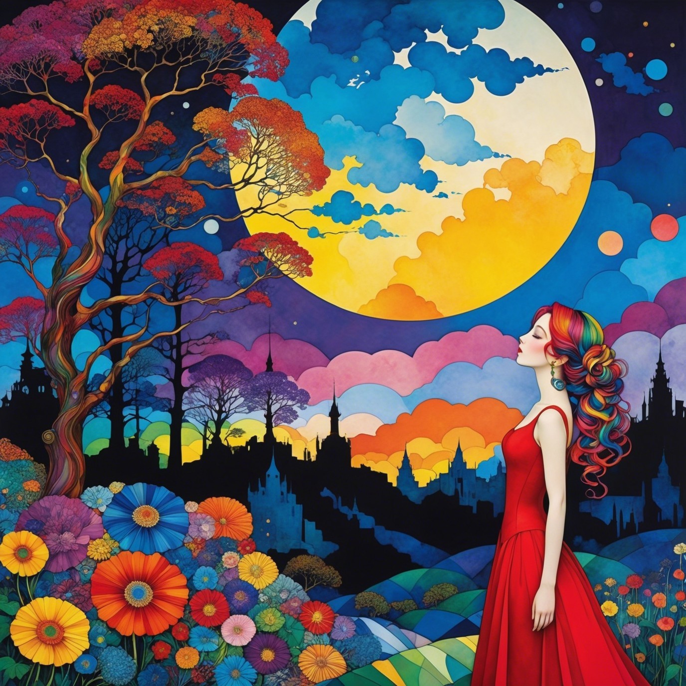 Psychedelic Digital Painting of Woman in Red Dress