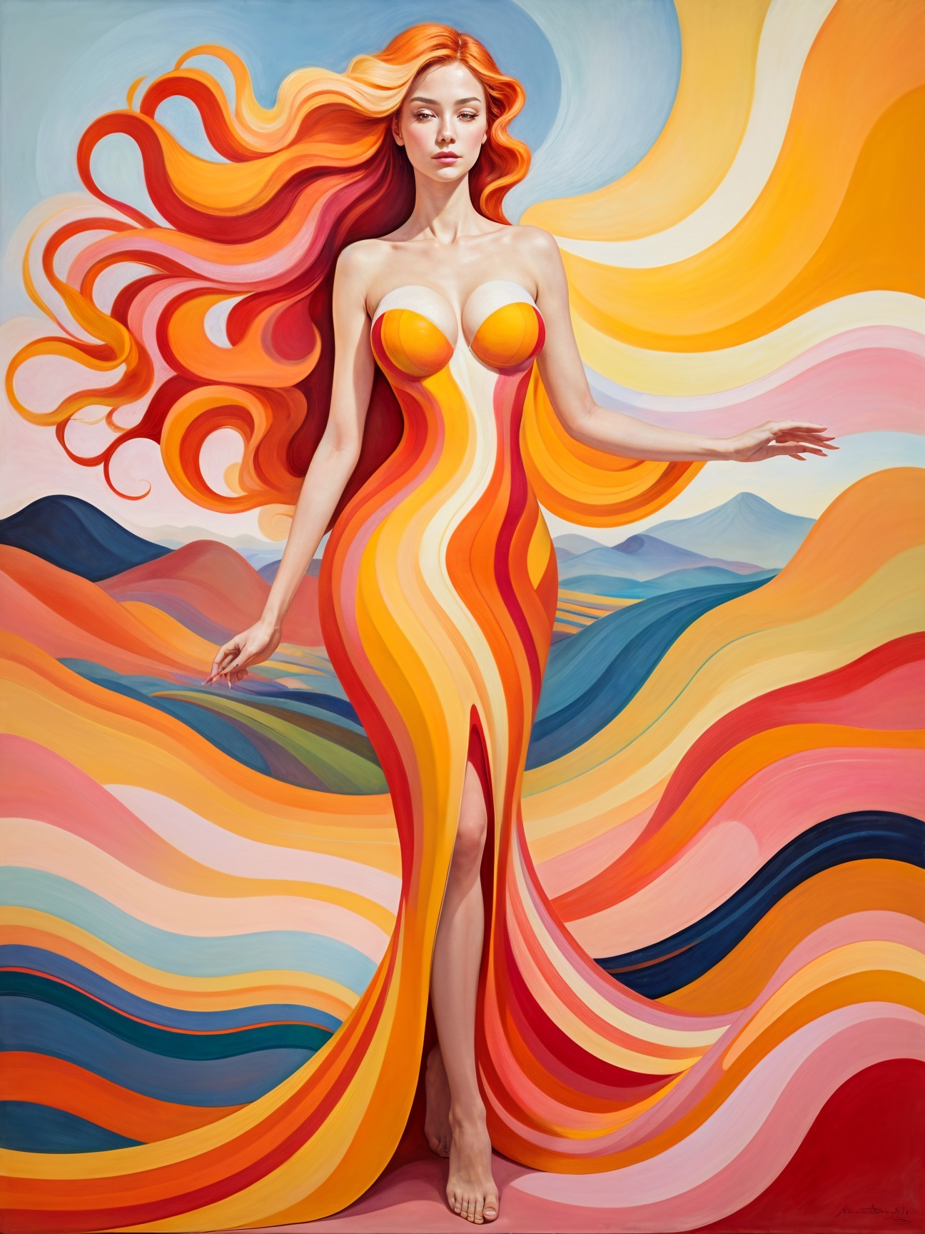 Vibrant Art Piece of Woman with Flowing Red-Orange Hair