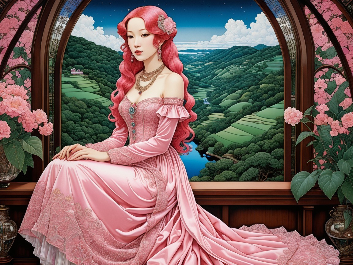 Regal figure in pink gown amidst serene landscape