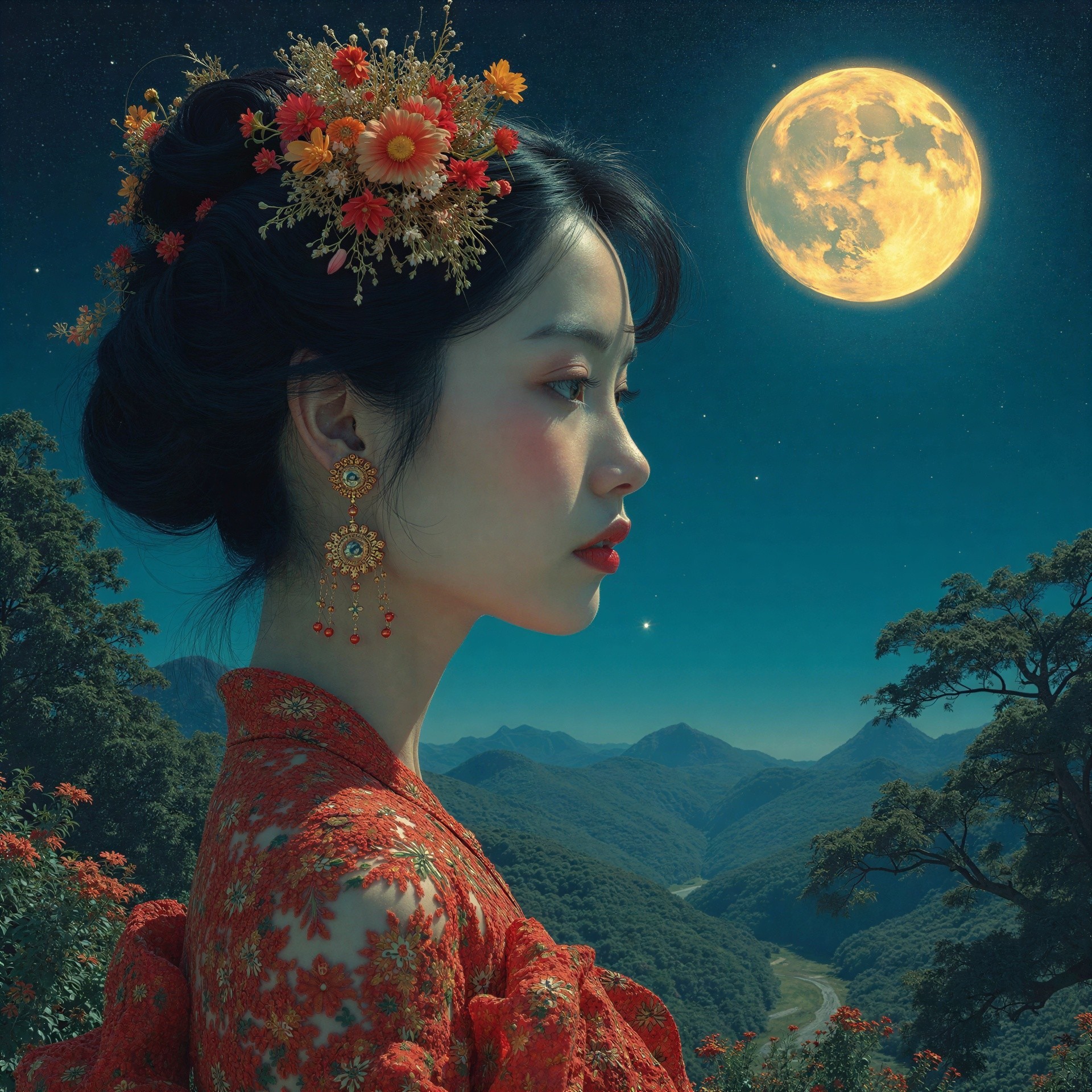 Young Woman in Red Kimono Against Mountain and Moon