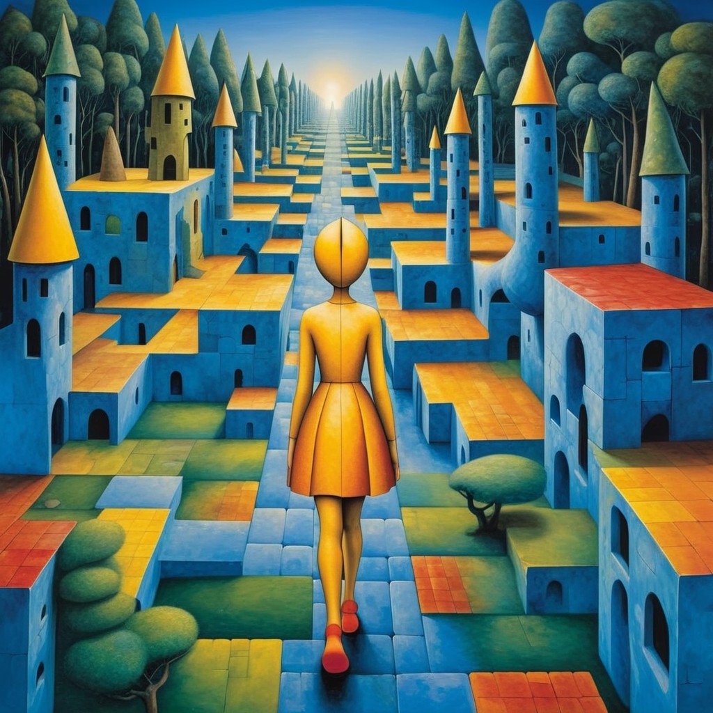 Dreamlike Landscape with Geometric Architecture and Figure