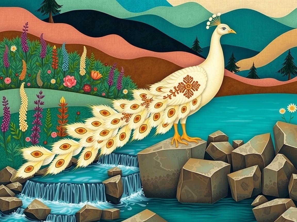 White Peacock by a Stream with Scenic Background