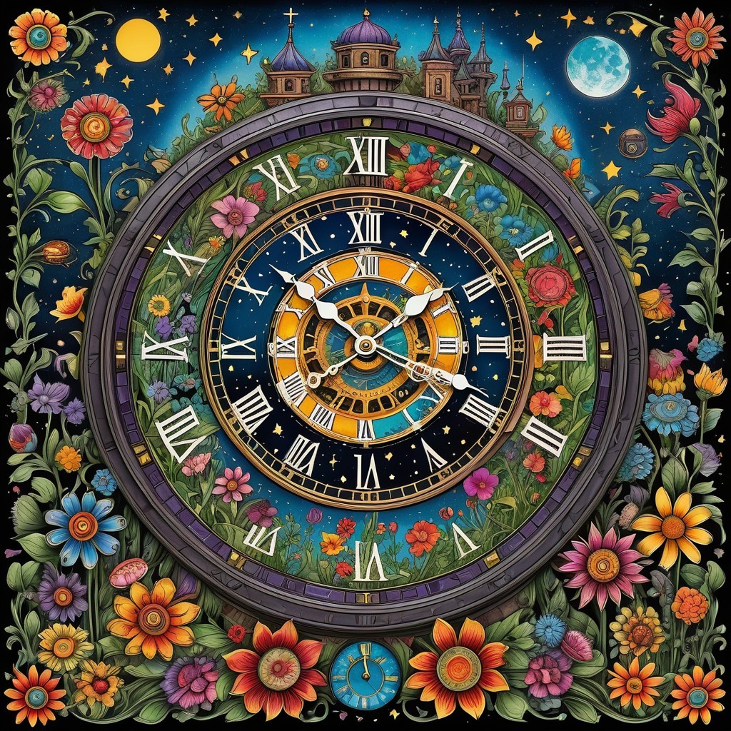 Intricate Clock Surrounded by Floral Design and Towers