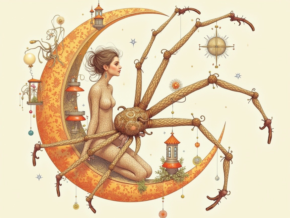 Whimsical Illustration of Woman on Crescent Moon