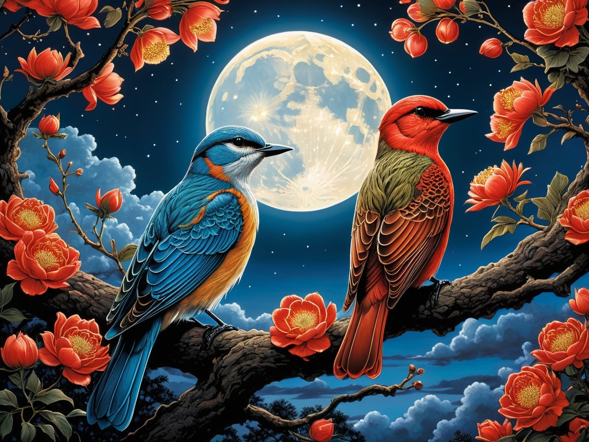Vibrant Birds on Branch Under Moonlit Sky